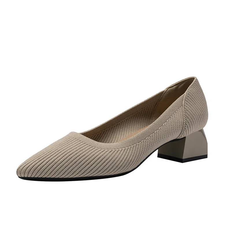 Work Shoes Women Breathable Pointed Shallow Mouth Medium High Thick Heel Knitting Casual Shoes