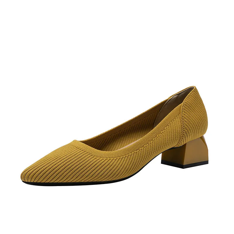 Work Shoes Women Breathable Pointed Shallow Mouth Medium High Thick Heel Knitting Casual Shoes