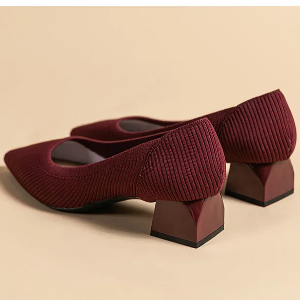 Work Shoes Women Breathable Pointed Shallow Mouth Medium High Thick Heel Knitting Casual Shoes