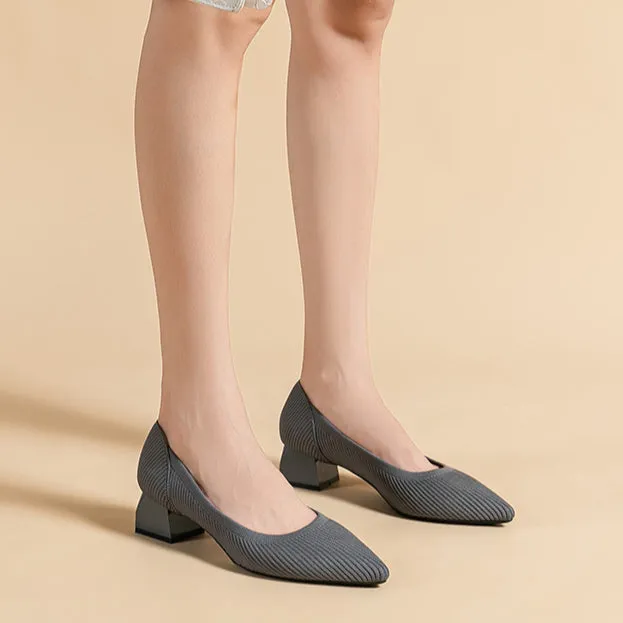 Work Shoes Women Breathable Pointed Shallow Mouth Medium High Thick Heel Knitting Casual Shoes