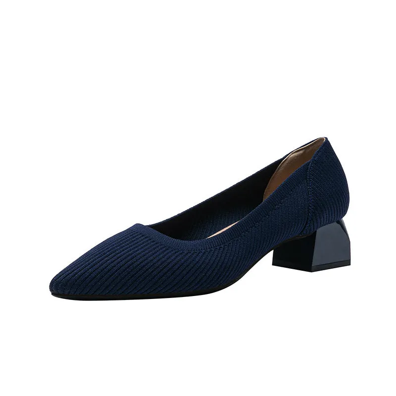 Work Shoes Women Breathable Pointed Shallow Mouth Medium High Thick Heel Knitting Casual Shoes