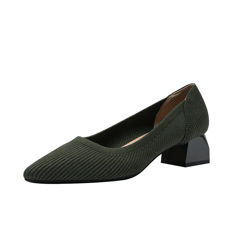 Work Shoes Women Breathable Pointed Shallow Mouth Medium High Thick Heel Knitting Casual Shoes