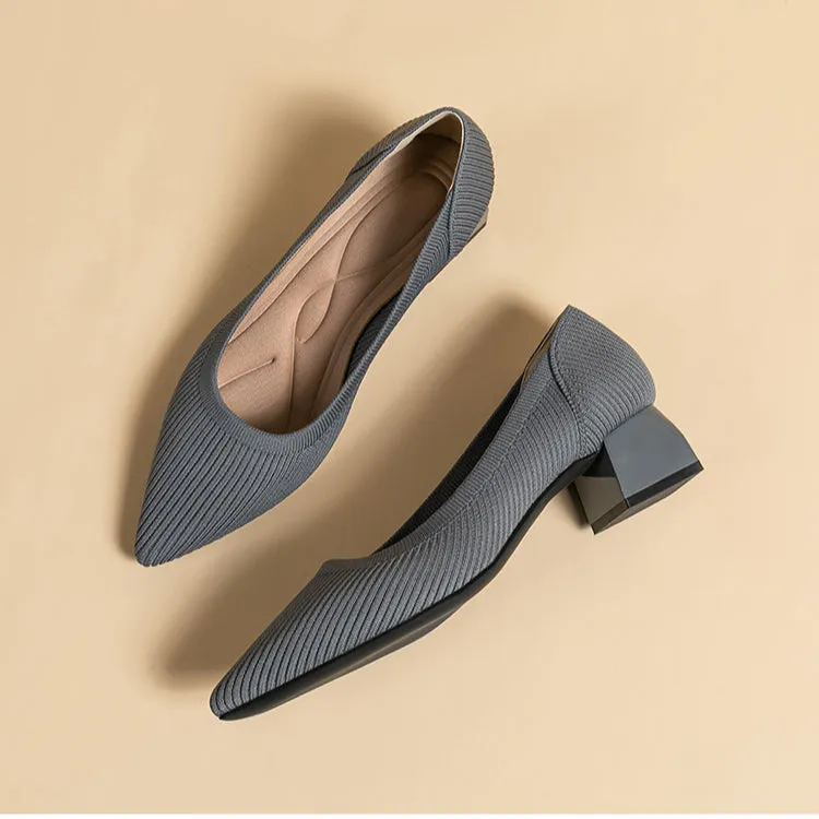 Work Shoes Women Breathable Pointed Shallow Mouth Medium High Thick Heel Knitting Casual Shoes