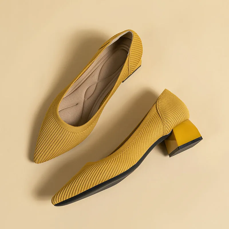 Work Shoes Women Breathable Pointed Shallow Mouth Medium High Thick Heel Knitting Casual Shoes