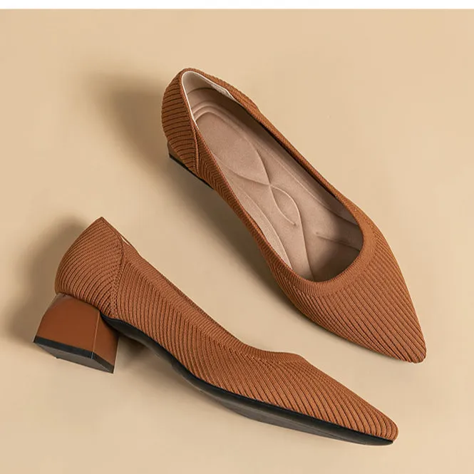 Work Shoes Women Breathable Pointed Shallow Mouth Medium High Thick Heel Knitting Casual Shoes