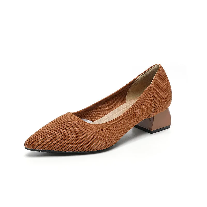 Work Shoes Women Breathable Pointed Shallow Mouth Medium High Thick Heel Knitting Casual Shoes