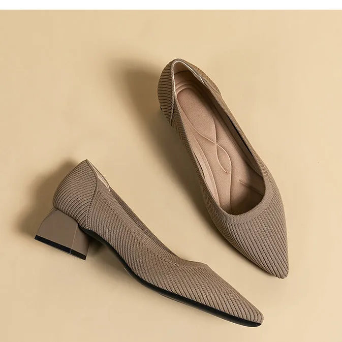 Work Shoes Women Breathable Pointed Shallow Mouth Medium High Thick Heel Knitting Casual Shoes