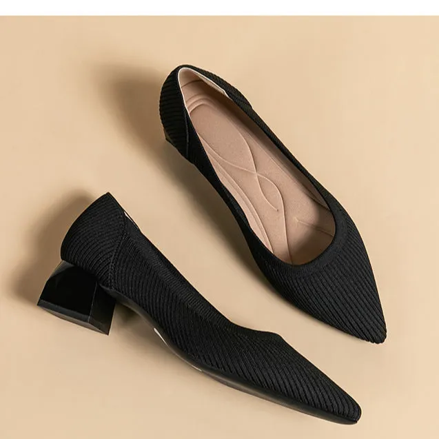 Work Shoes Women Breathable Pointed Shallow Mouth Medium High Thick Heel Knitting Casual Shoes
