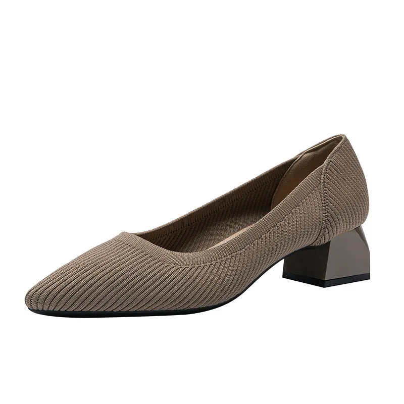 Work Shoes Women Breathable Pointed Shallow Mouth Medium High Thick Heel Knitting Casual Shoes