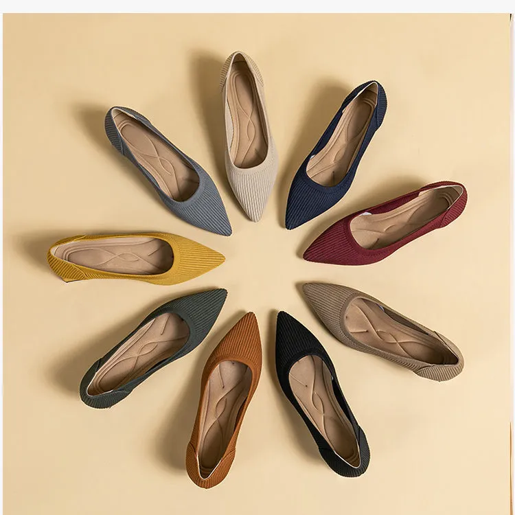 Work Shoes Women Breathable Pointed Shallow Mouth Medium High Thick Heel Knitting Casual Shoes