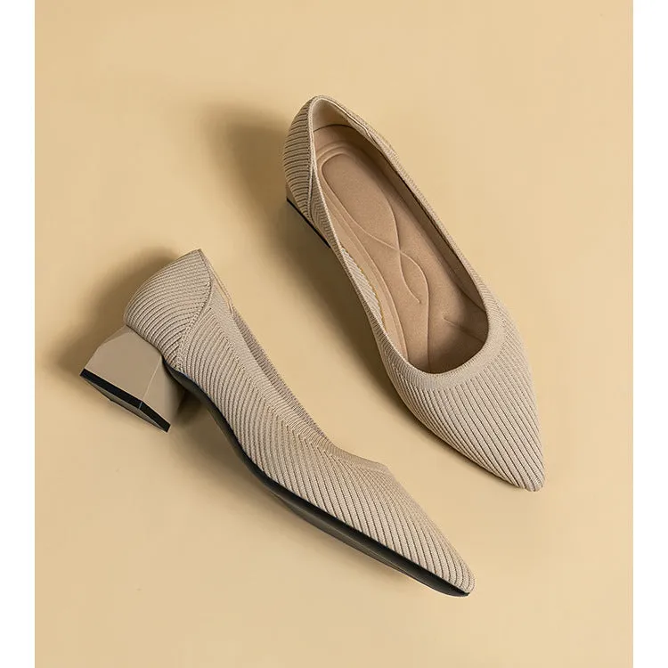 Work Shoes Women Breathable Pointed Shallow Mouth Medium High Thick Heel Knitting Casual Shoes