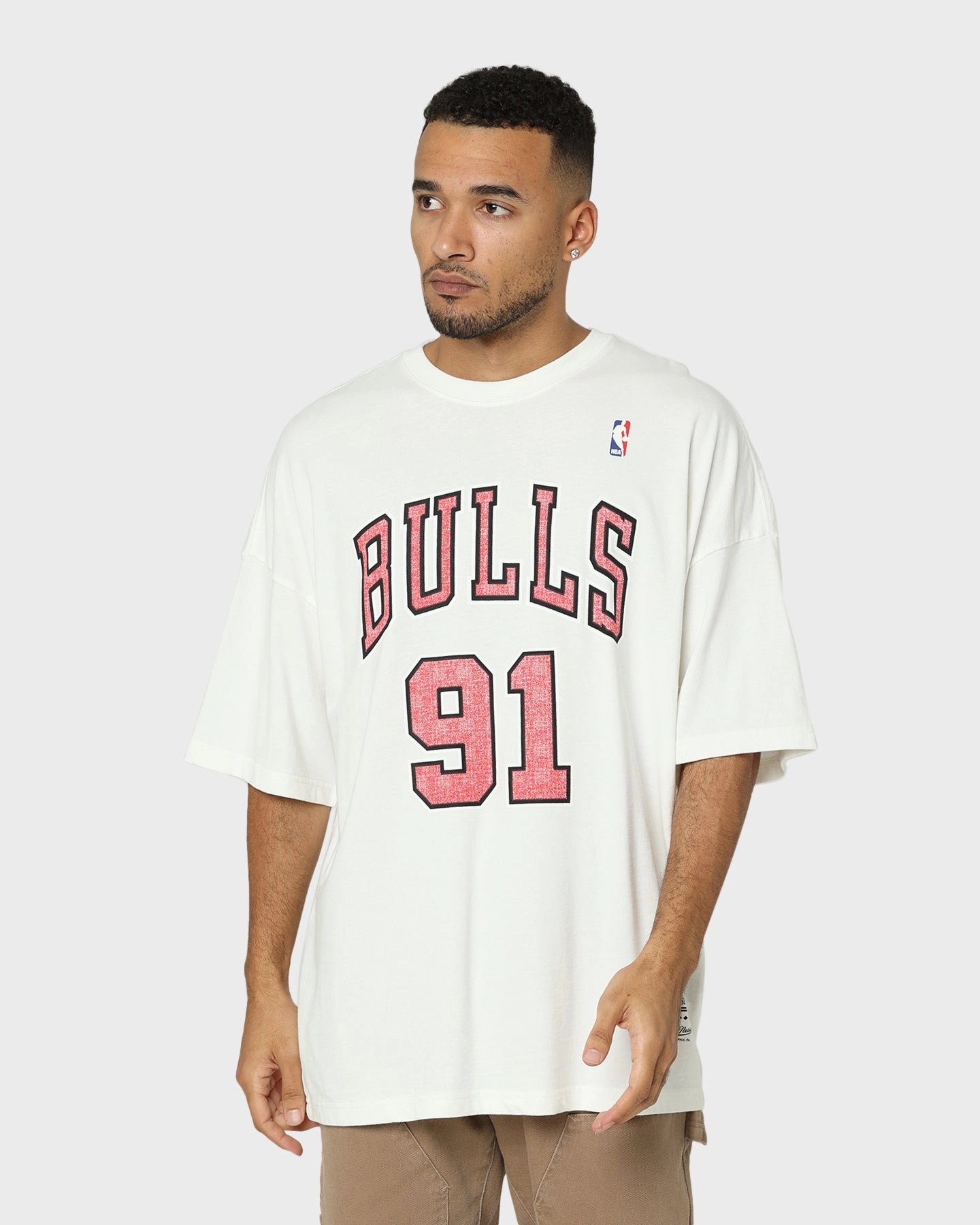 Mitchell & Ness Chicago Bulls Dennis Rodman #91 N & N Oversized T-Shirt Vintage White Scoop neck femininity Water Based Ink
