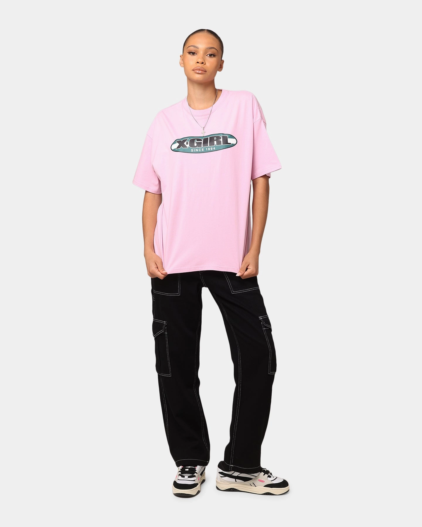 X-Girl Women's Contrast Oval Oversized T-Shirt Baby Pink Easy Fit Classic Wearable