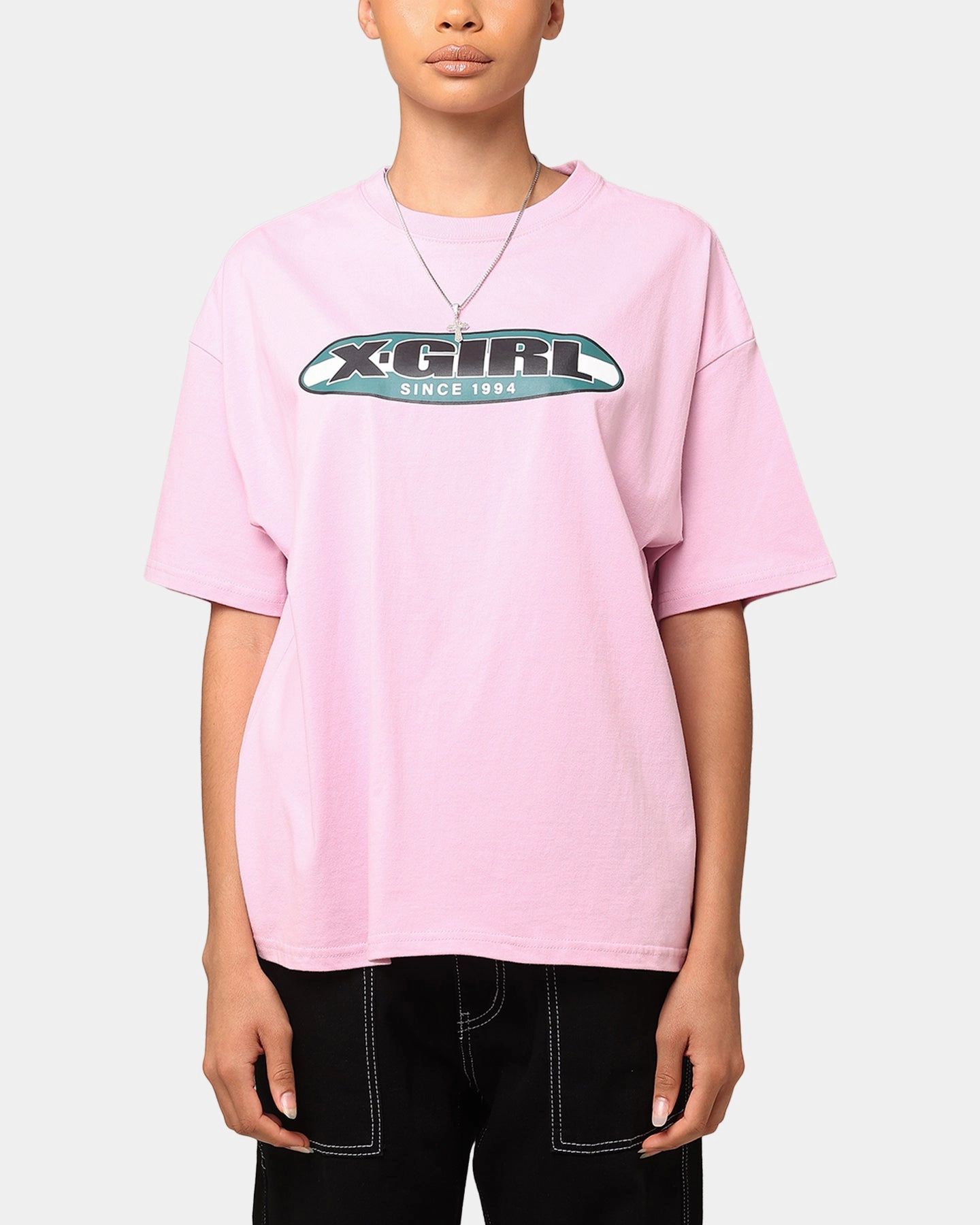 X-Girl Women's Contrast Oval Oversized T-Shirt Baby Pink Chic Wearable Tagless Neckline