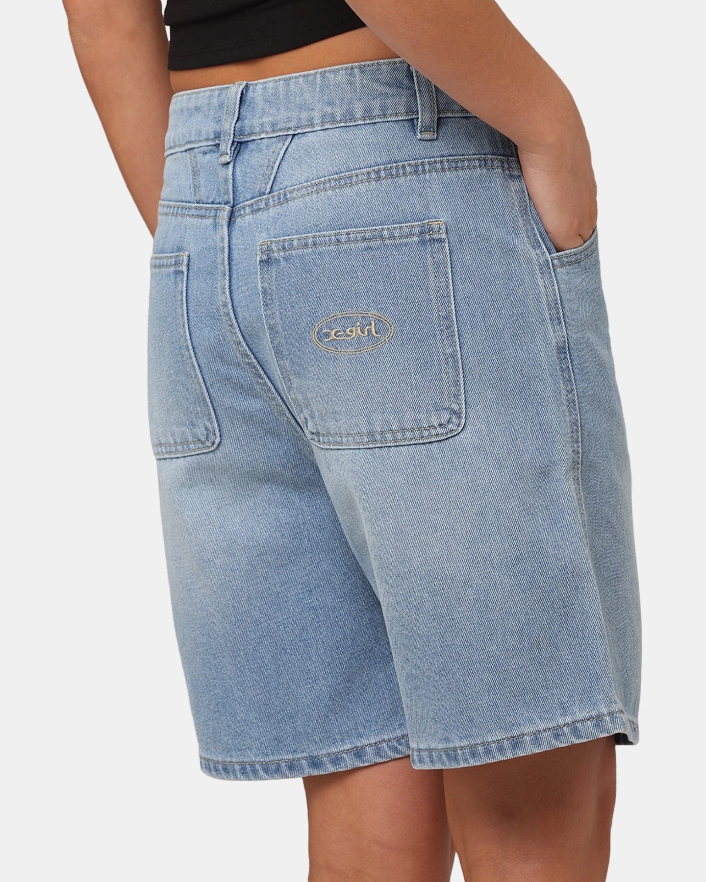 X-Girl Women's Gordon Shorts Washed Blue Durable Hemming Quick Release Closure