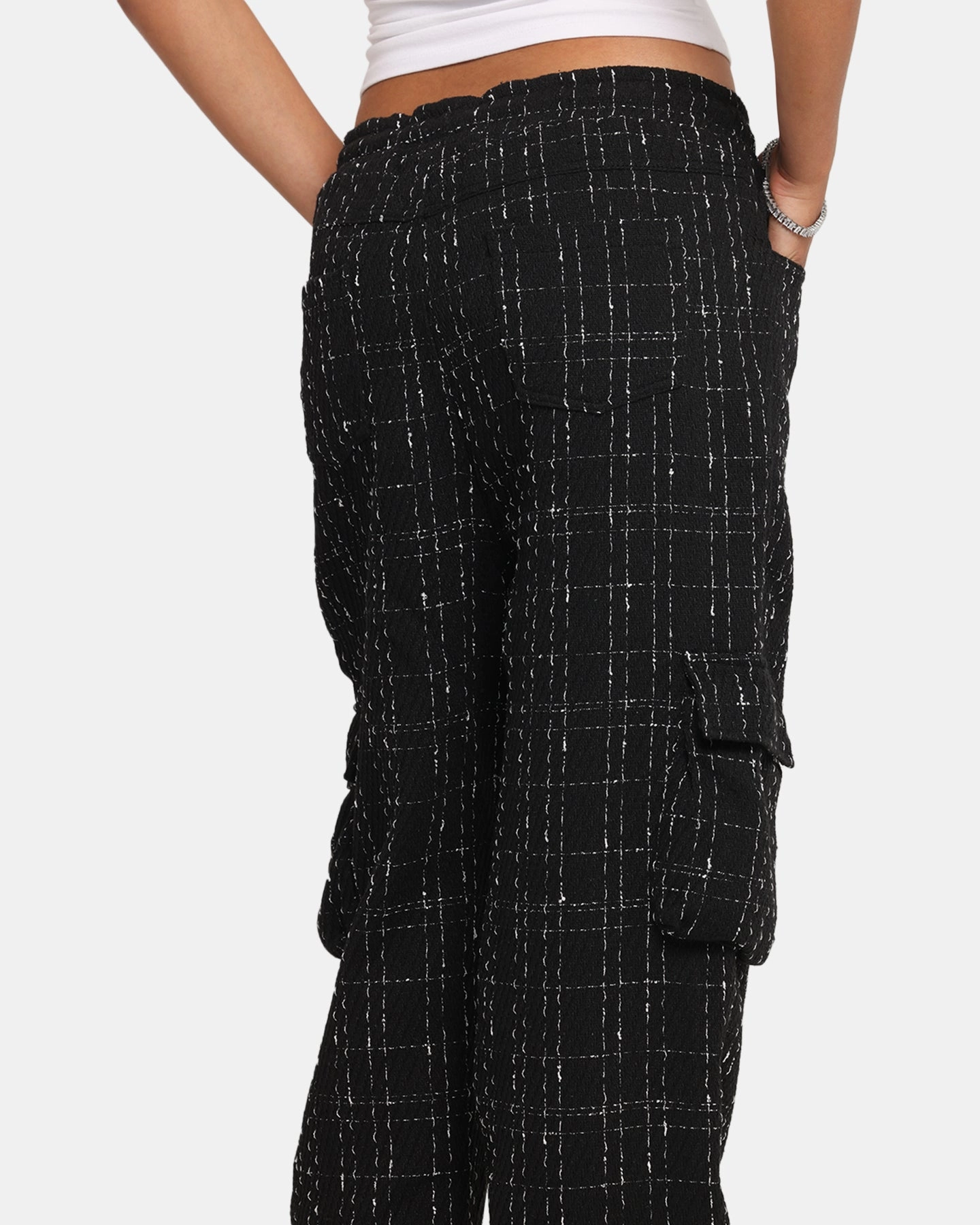 XXIII Boucle Tweed Cargo Pants Black Timeless Wear Flexible Gusset