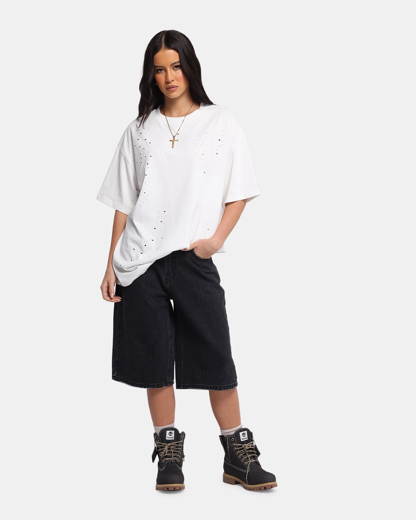 XXIII Women's Low Rider Jorts Washed Black Mesh Panel Easy Care