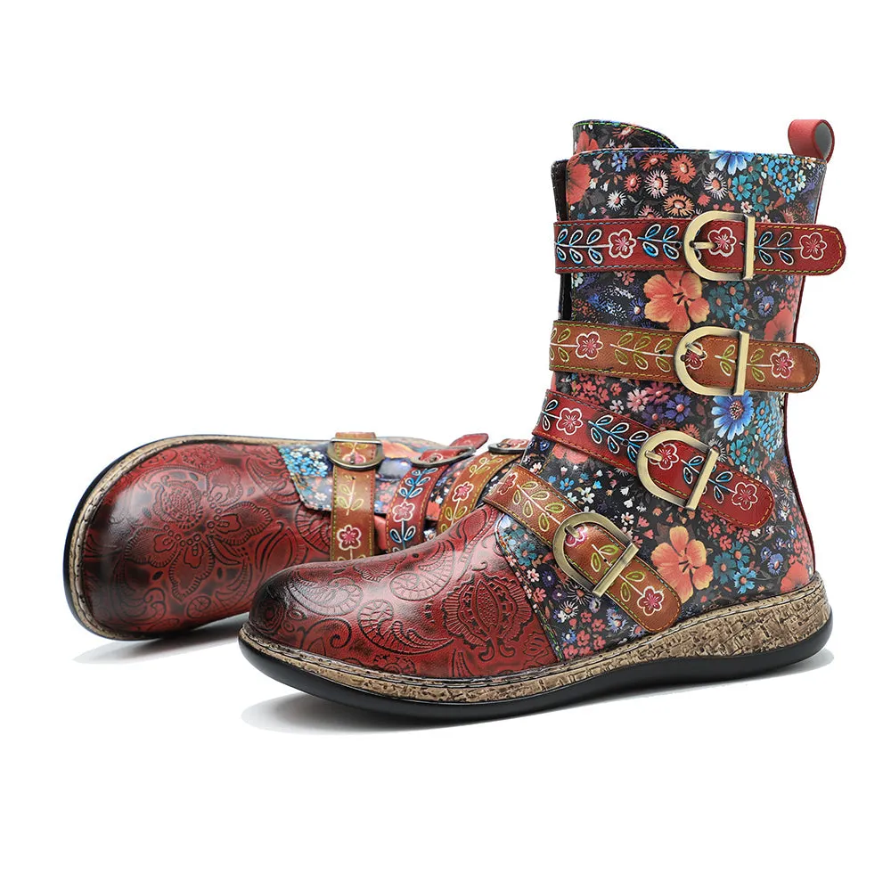 Zalor Patchwork Retro Floral Flat Boots for Women