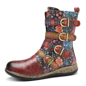 Zalor Patchwork Retro Floral Flat Boots for Women