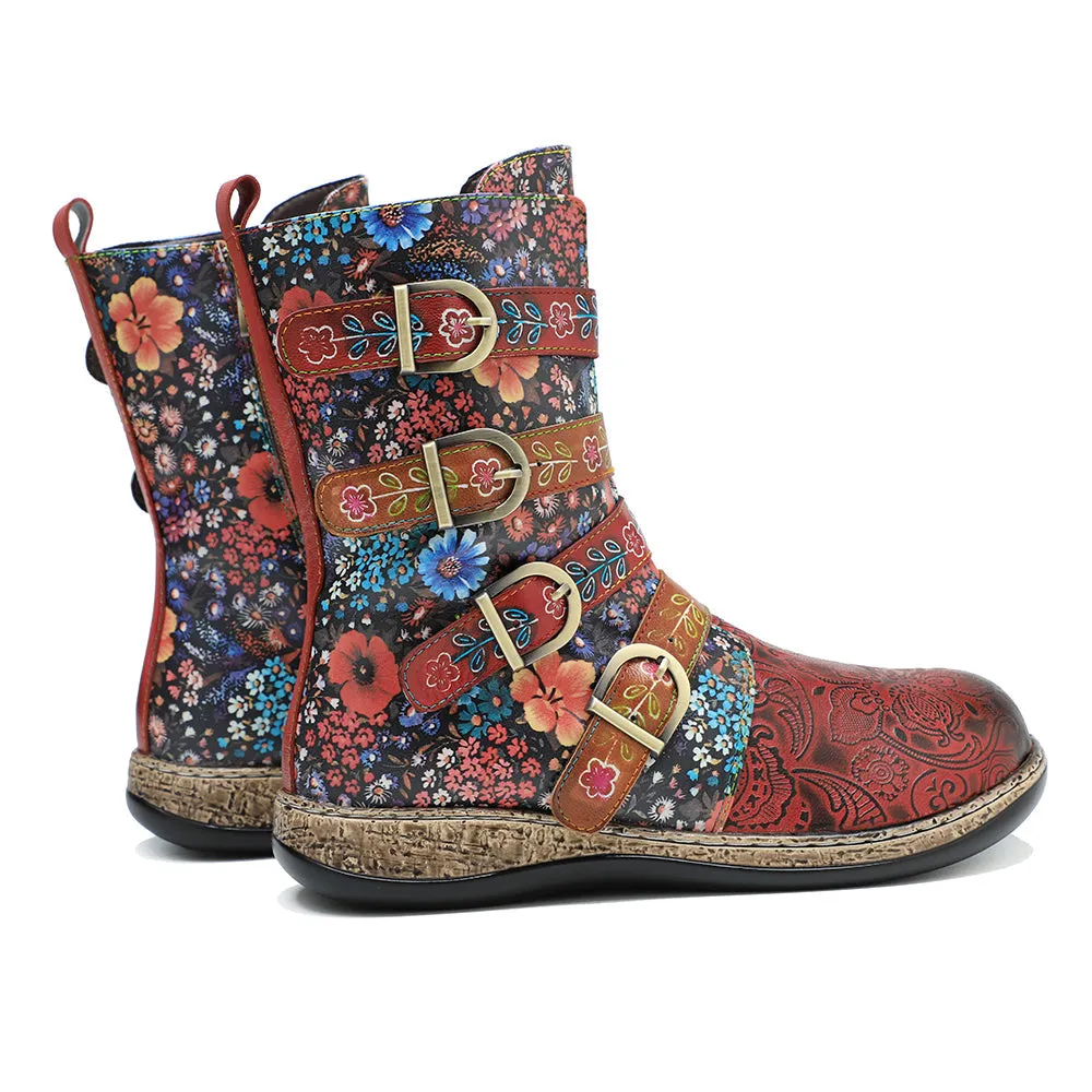 Zalor Patchwork Retro Floral Flat Boots for Women