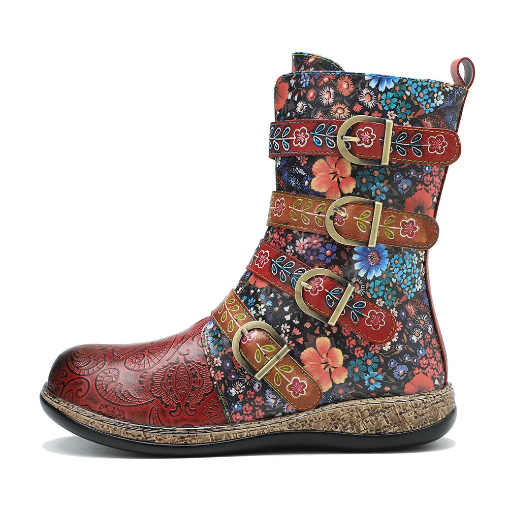 Zalor Patchwork Retro Floral Flat Boots for Women
