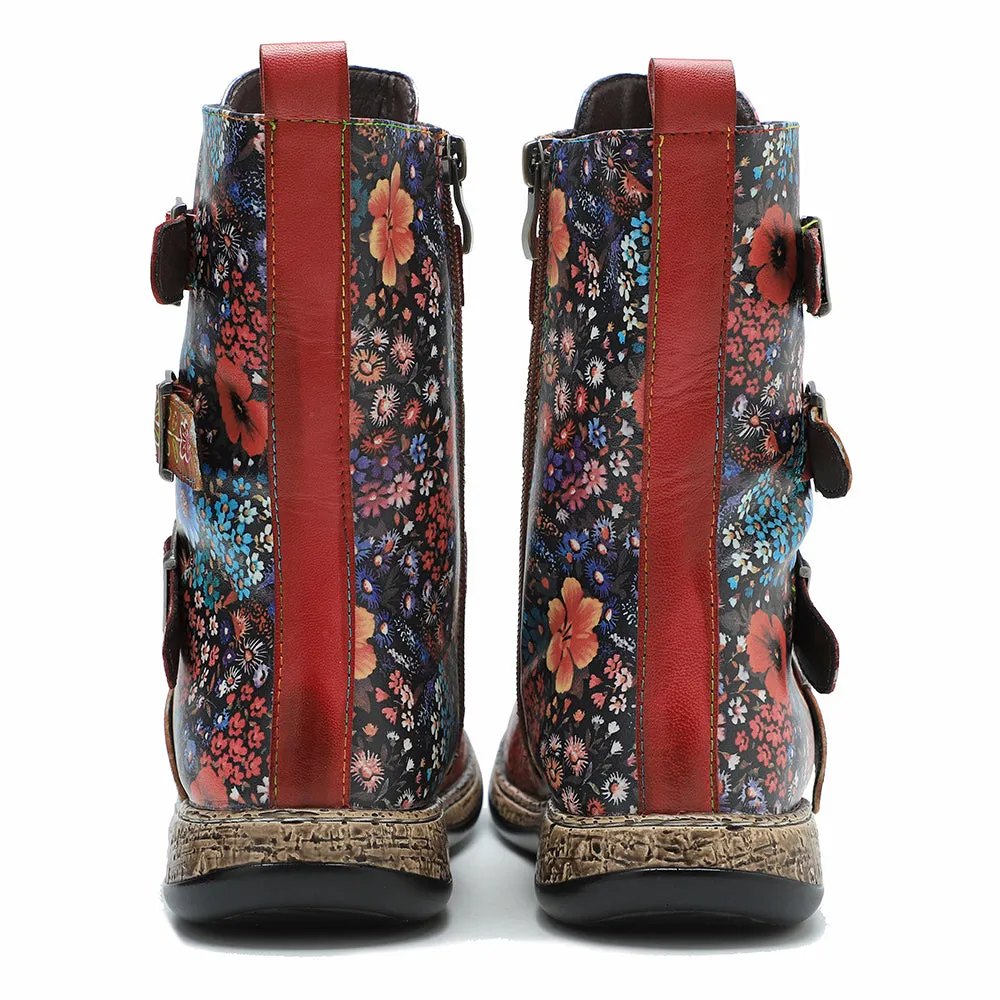 Zalor Patchwork Retro Floral Flat Boots for Women