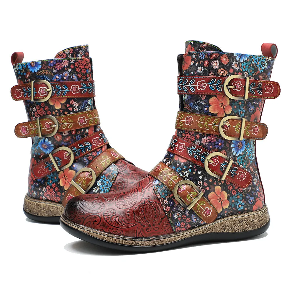Zalor Patchwork Retro Floral Flat Boots for Women