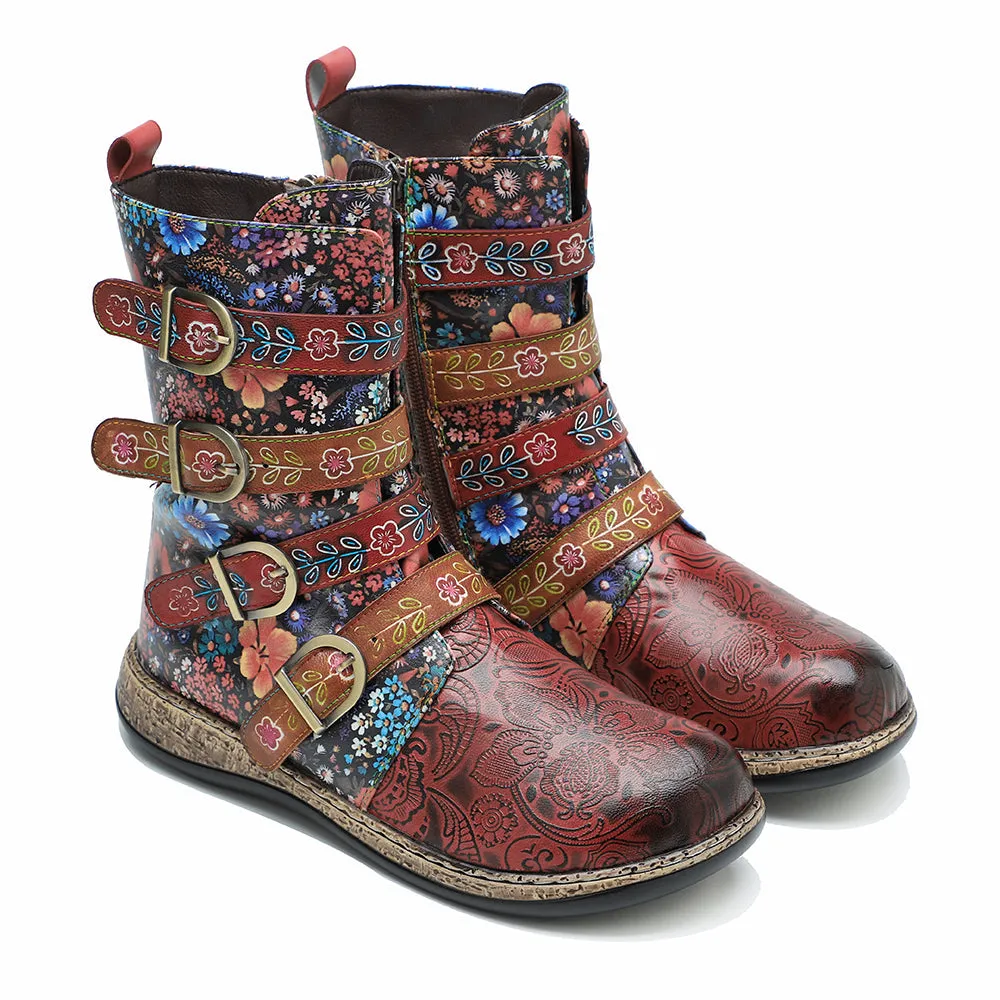 Zalor Patchwork Retro Floral Flat Boots for Women