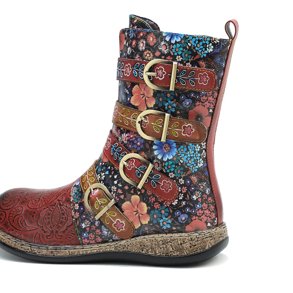 Zalor Patchwork Retro Floral Flat Boots for Women