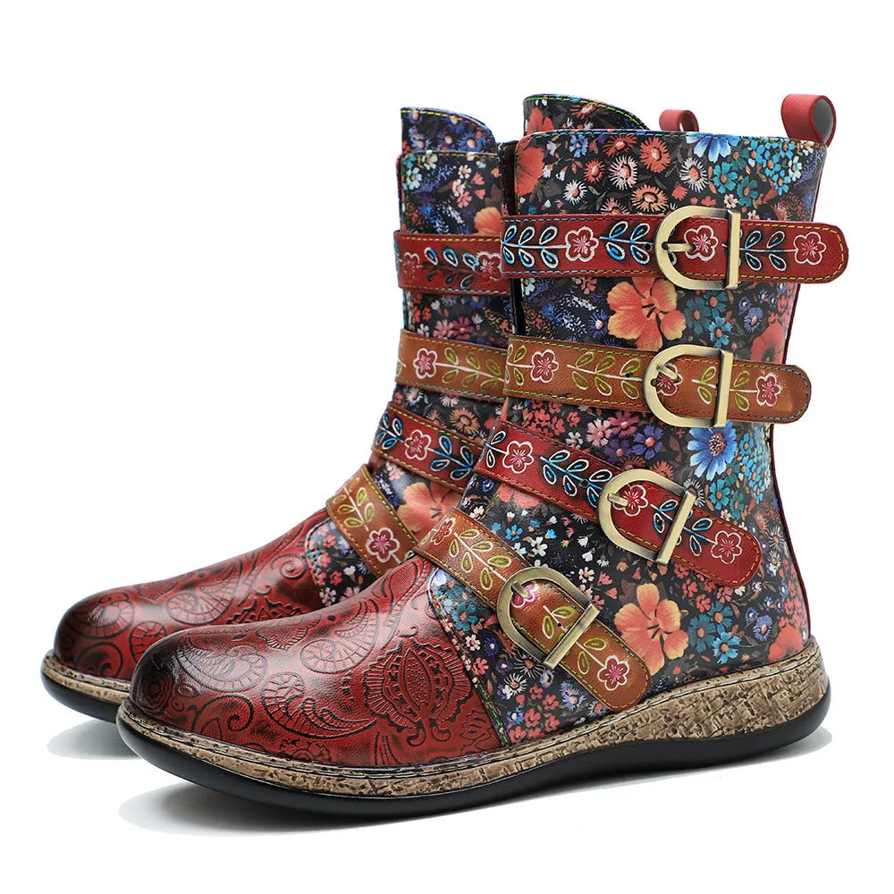 Zalor Patchwork Retro Floral Flat Boots for Women