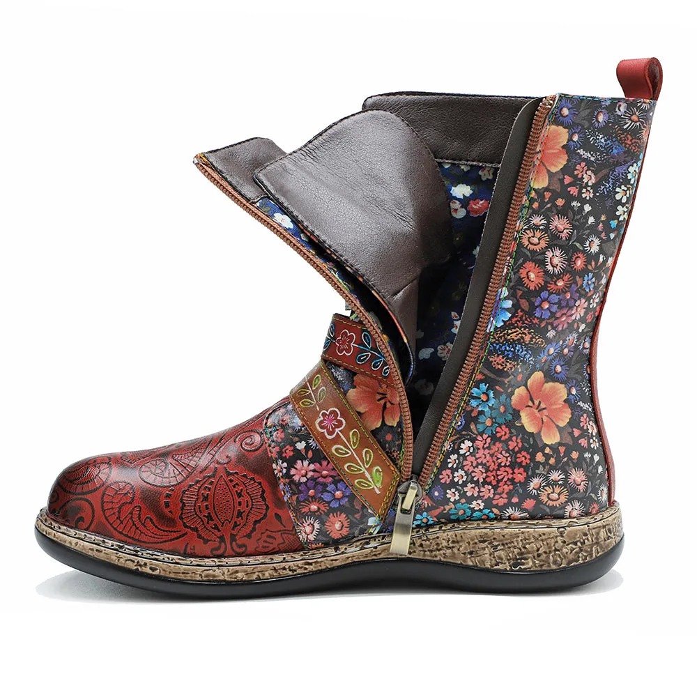 Zalor Patchwork Retro Floral Flat Boots for Women