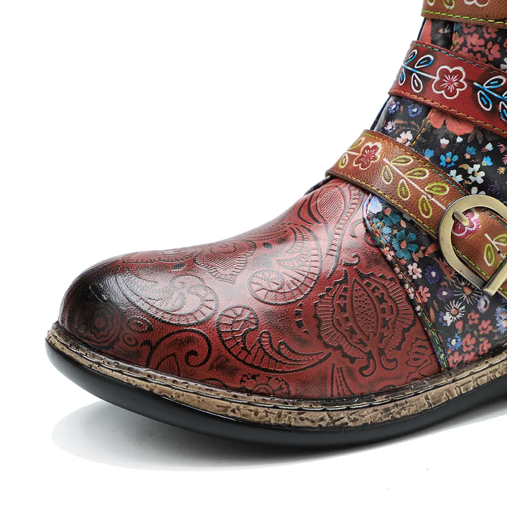 Zalor Patchwork Retro Floral Flat Boots for Women