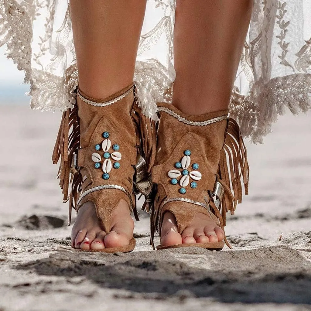 ZBYY Womens Gladiator Fringe Thong Flat Sandals Retro Bohemian Beach Roman Boots Tassel Flip Flops Wedge Sandals