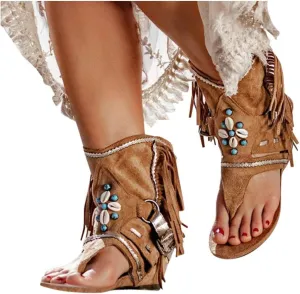 ZBYY Womens Gladiator Fringe Thong Flat Sandals Retro Bohemian Beach Roman Boots Tassel Flip Flops Wedge Sandals