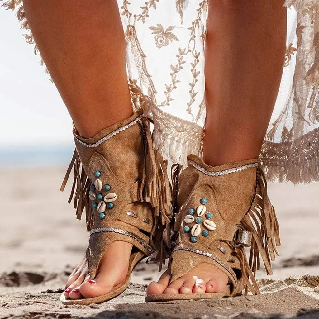 ZBYY Womens Gladiator Fringe Thong Flat Sandals Retro Bohemian Beach Roman Boots Tassel Flip Flops Wedge Sandals