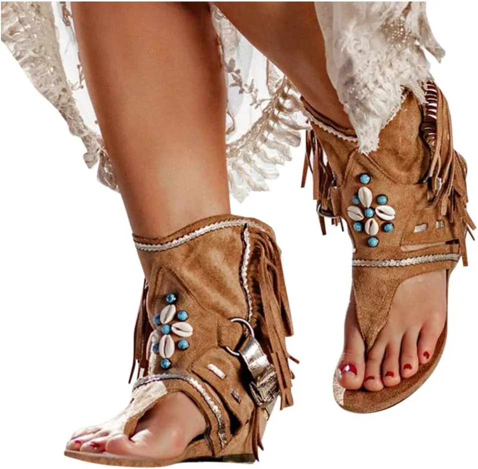 ZBYY Womens Gladiator Fringe Thong Flat Sandals Retro Bohemian Beach Roman Boots Tassel Flip Flops Wedge Sandals