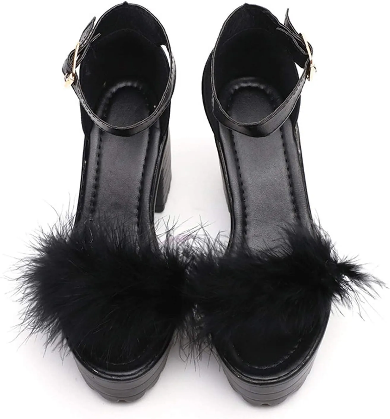ZKXYFFS Chunky Heeled Sandals for Women Open Toe Ankle Strap Block Heel Platform Sandals Summer Fluffy Feather Dress Party High Heeled Sandal