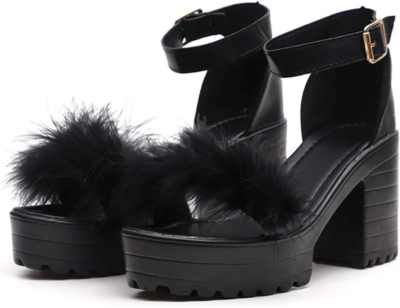 ZKXYFFS Chunky Heeled Sandals for Women Open Toe Ankle Strap Block Heel Platform Sandals Summer Fluffy Feather Dress Party High Heeled Sandal