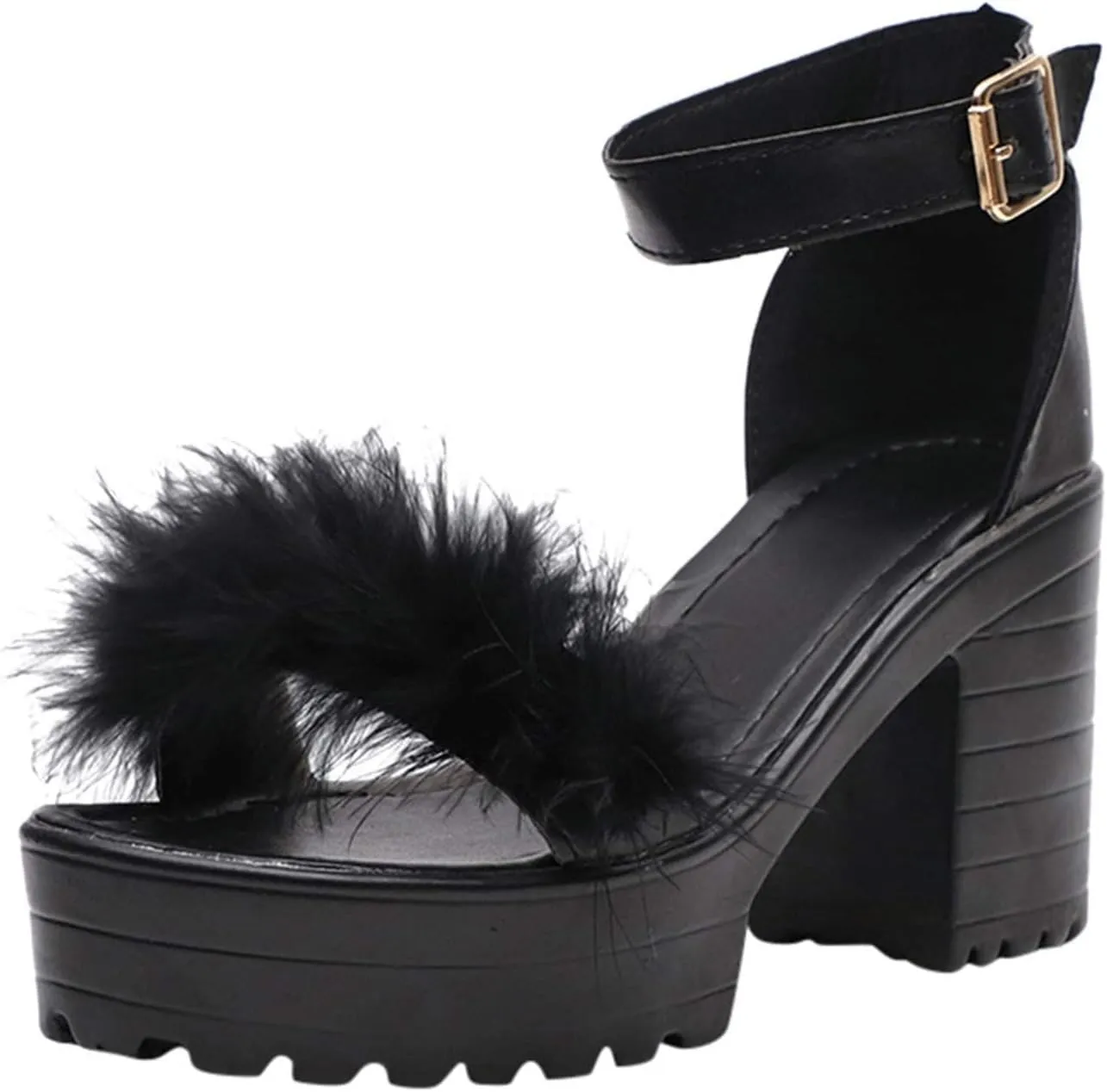 ZKXYFFS Chunky Heeled Sandals for Women Open Toe Ankle Strap Block Heel Platform Sandals Summer Fluffy Feather Dress Party High Heeled Sandal