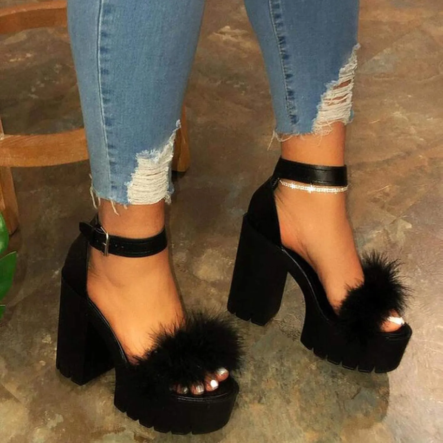 ZKXYFFS Chunky Heeled Sandals for Women Open Toe Ankle Strap Block Heel Platform Sandals Summer Fluffy Feather Dress Party High Heeled Sandal